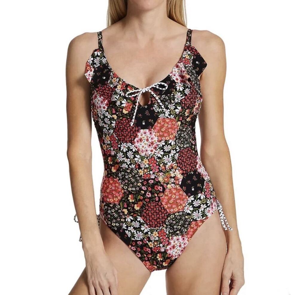 Skinny Dippers by Miraclesuit Underwire Ruffle Neckline Swimsuit Patchwork M